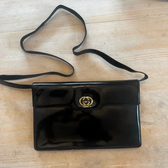 Vintage 1970s Gucci Black Patent Leather Clutch/ Adjustable Strap Bag - Picture 1 of 11